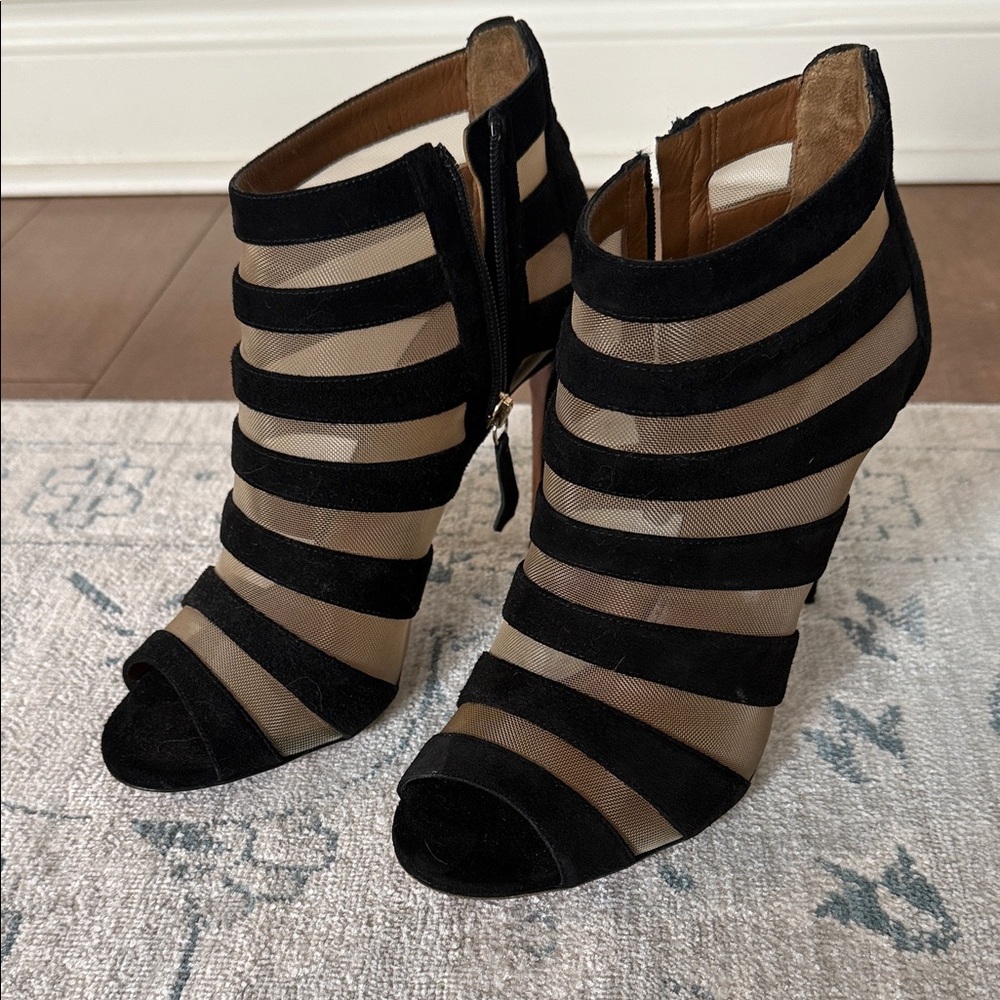 Aquazzura Black and Beige Striped Heels
